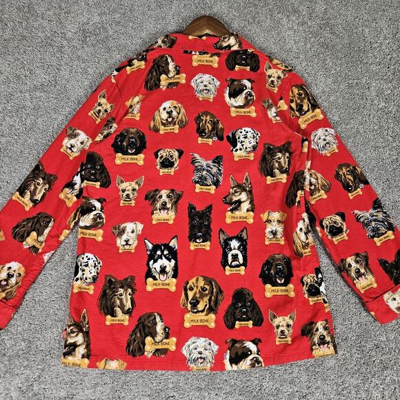 Nick & Nora Pajama Top Womens Medium Red Milk Bone AOP Dogs Button Up Flannel - Picture 4 of 15